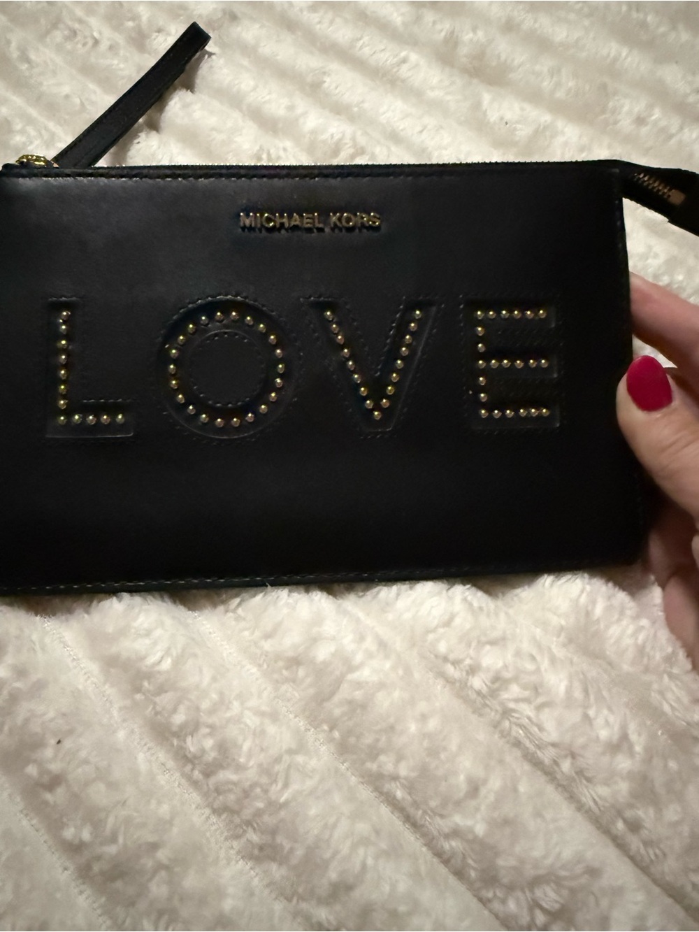 Michael Kors Black Leather 'LOVE' Studded Wristlet with Gold Accents